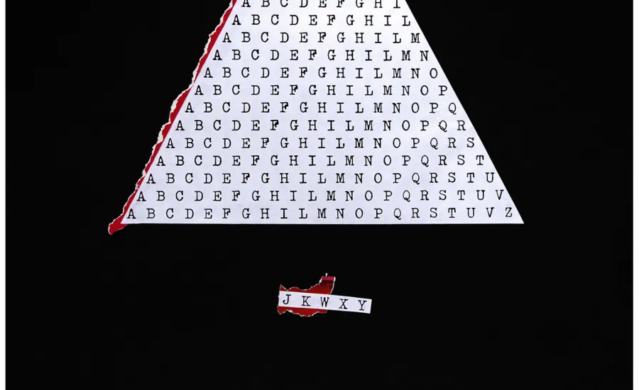 Tomaso Binga, Riflettendo sulle Riflessioni, 1992, collage e dattiloscritto su cartoncino, 67,6 x 50 cm